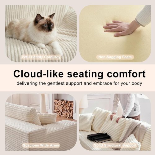 (2 BOXES) PROFUS MEMORY FOAM BONELESS MODULAR SECTIONAL SOFA COUCH WITH DEEP SEAT - 70" X 106" X 25" - WHITE (MODEL: 701R-BZF01-1 & 2) image 3