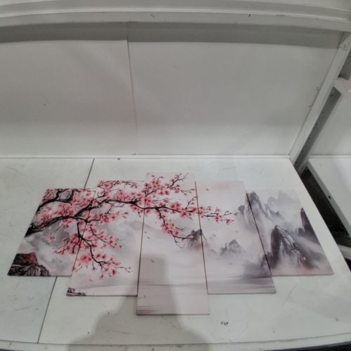 5PC JAPANESE LANDSCAPE CHERRY BLOSSOMS WALL ART - PINK WHITE GRAY BLACK image 2