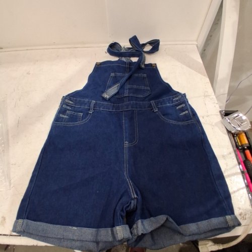 WOMEN'S WASHED DENIM OVERALL SHORTS - LARGE - BLUE image 3