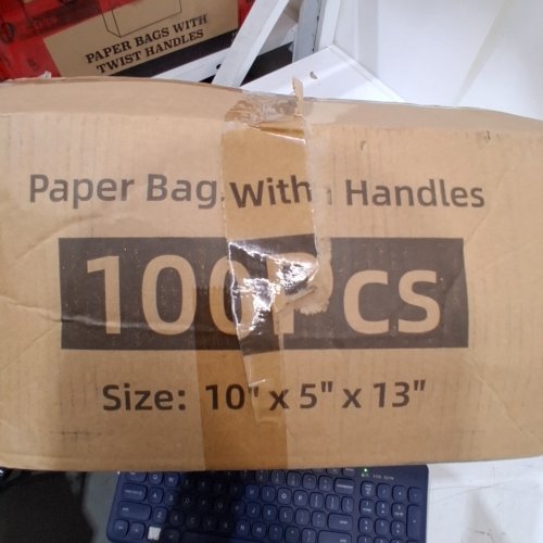 100PC PAPER BAGS WITH HANDLES - 10" X 5" X 13" - WHITE image 2