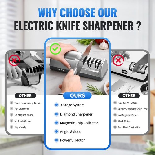 KRCQAP ELECTRIC 3-STAGE DIAMOND ABRASIVE KNIFE SHARPENER - 15° GUIDE ANGLE - STAINLESS STEEL image 2