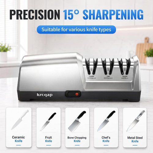 KRCQAP ELECTRIC 3-STAGE DIAMOND ABRASIVE KNIFE SHARPENER - 15° GUIDE ANGLE - STAINLESS STEEL image 4