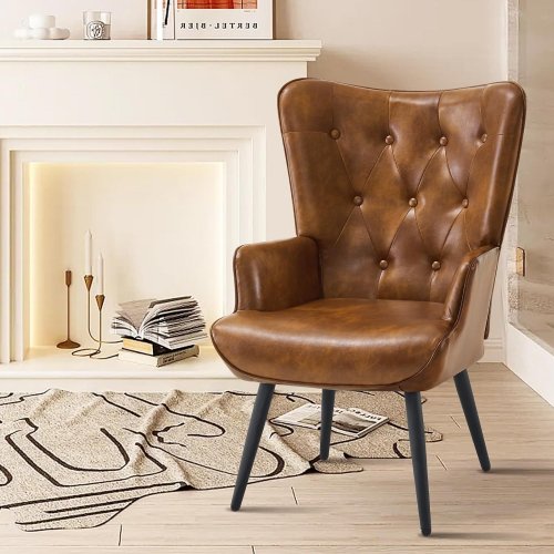 2PK FURNIMART FAUX LEATHER LIVING ROOM WINGBACK ACCENT CHAIR - BROWN (MODEL: XXYG121CA-KD) image 2
