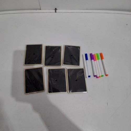 6PK NVAAV MINI CHALK BOARD SIGNS WITH 6 WATERCOLOUR PENS - 4" X 3" - BLACK/WOOD image 2