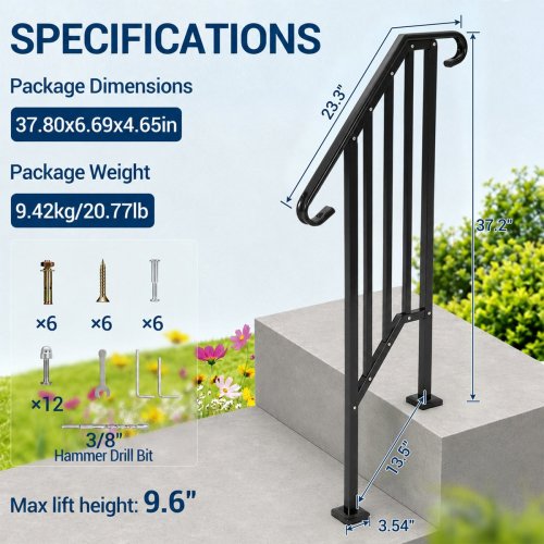 2PK GARVEE OUTDOOR METAL STAIR HANDRAIL KIT - 2 STEP - BLACK - (MODEL: PLS_33SM4APP) image 2