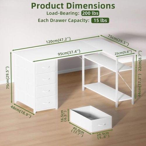 SOMDOT L-SHAPED COMPUTER DESK WITH 4 DRAWERS - 47" - WHITE - (MODEL: DK112C09) image 2