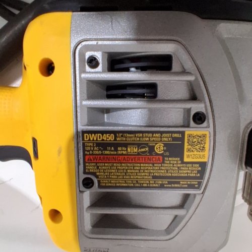 DEWALT CORDED 1/2" VSR STUD AND JOIST DRILL WITH CLUTCH - 120 V 11A; 0-330/0-1300 RPM - YELLOW / BLACK (MODEL: DWD450) image 3