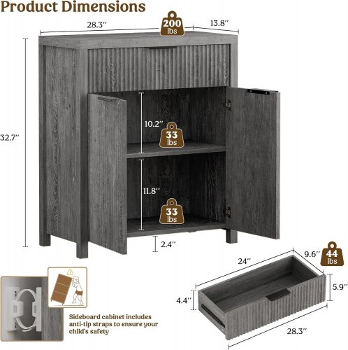 LULIVE SIDEBOARD STORAGE CABINET WITH DRAWERS AND ADJUSTABLE SHELVES - 28" X 14" X 33" - DARK GRAY OAK (MODEL: HI1512_28) image 2