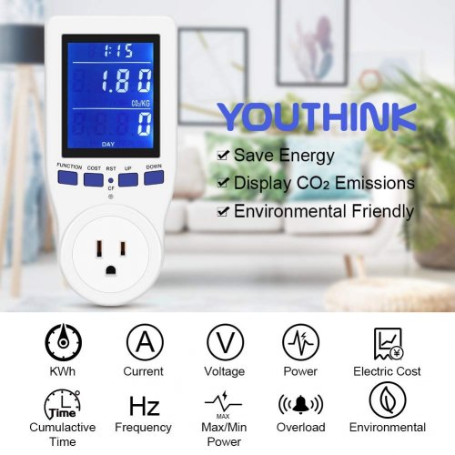 PLUG-IN ELECTRICITY USAGE KW TRACKING MONITOR WITH DIGITAL DISPLAY - 120 V, 15A, 1800W, 50-60HZ - WHITE image 3