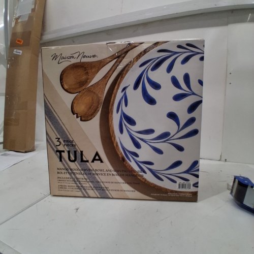 3PC MAISON NEUVE TULA ENAMELLED MANGO WOOD SALAD BOWL AND SERVER UTENSIL SET - 17.3" - NATURAL WOOD/WHITE/BLUE (MODEL: 1979442) image 3