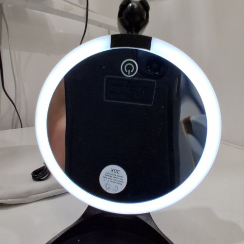 DOUBLE-SIDED MAGNIFYING VANITY MIRROR WITH 3 LIGHT MODES - 20X/1X - 6" - BLACK image 2