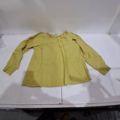 WOMENS LINEN RUFFLED NECKLINE BLOUSE - XXL - MUSTARD YELLOW image 2