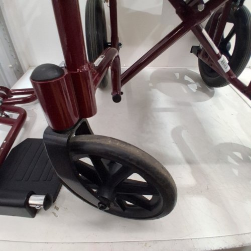 MEDLINE BASIC ALUMINUM TRANSPORT WHEELCHAIR WITH BRAKES - 12" REAR WHEELS - 19"/300LBS MAX/CAP - RED/BLACK (MODEL: MDS808210ARE) image 4