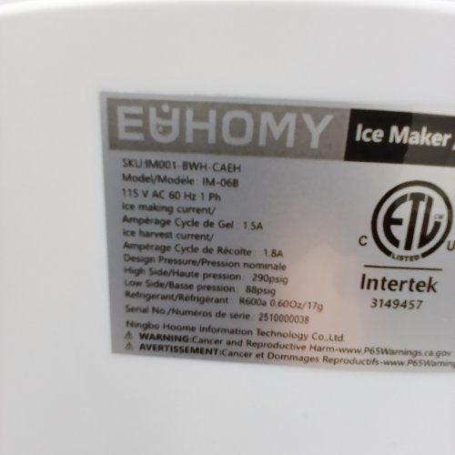 EUHOMY COUNTERTOP ICE MAKER MACHINE WITH HANDLE / BASKET AND SCOOP - MAKES 26LBS PER DAY - WHITE (MODEL: IM001-BWH-CAEH) image 5