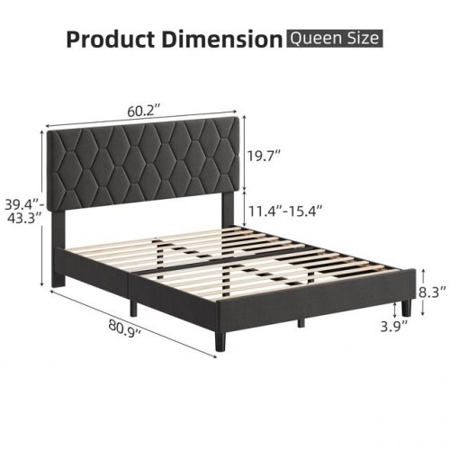UPHOLSTERED ADJUSTABLE PLATFORM BEDFRAME WITH HEADBOARD - QUEEN - DARK GREY (MODEL:PHO_10JWHW94) image 2