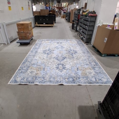 MACHINE WASHABLE NON-SLIP AREA RUG - 9FT X 12FT- BLUE AND BEIGE image 3