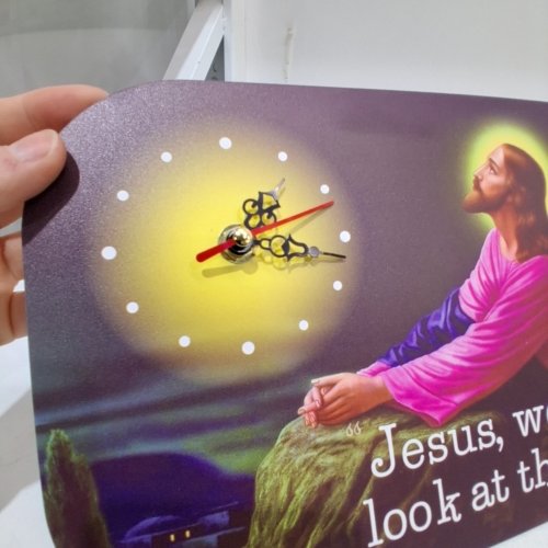 NOVELTY WOODEN RELIGIOUS WALL CLOCK - 7.3" X 11" - "JESUS, WOULD YOU LOOK AT THE TIME" image 2