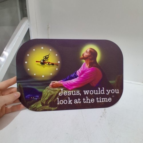 NOVELTY WOODEN RELIGIOUS WALL CLOCK - 7.3" X 11" - "JESUS, WOULD YOU LOOK AT THE TIME" image 3