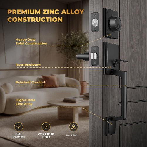 OHUHU FRONT DOOR HANDLE SET WITH DEADBOLT - BLACK (MODEL: DHL-01) image 2