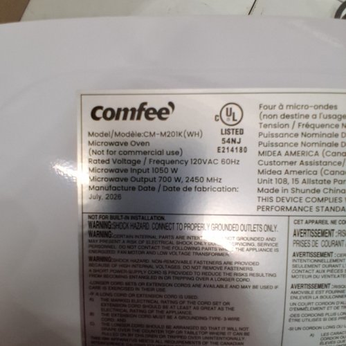 COMFEE COUNTERTOP MICROWAVE OVEN - 0.7 CU.FT/700W - WHITE (MODEL: CM-M201K(WH)) image 6
