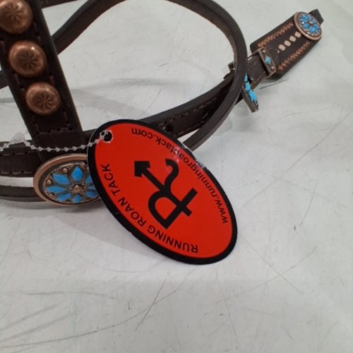CHOCOLATE SHORT CHEEK FUTURITY KNOT HEADSTALL WITH QUICK CHANGE PINEAPPLE KNOTS AND STONE HARDWARE - 29"-37" - BROWN\TEAL image 2