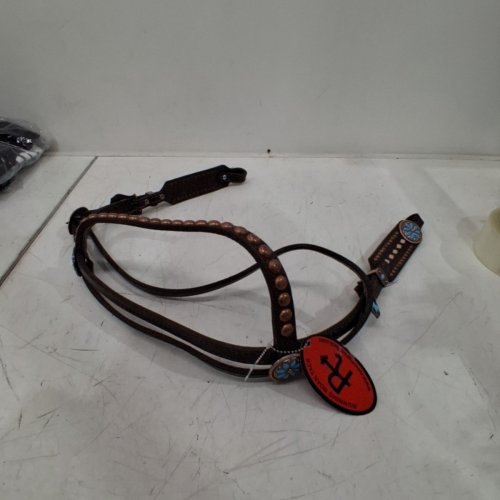 CHOCOLATE SHORT CHEEK FUTURITY KNOT HEADSTALL WITH QUICK CHANGE PINEAPPLE KNOTS AND STONE HARDWARE - 29"-37" - BROWN\TEAL image 3