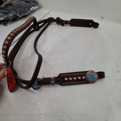 CHOCOLATE SHORT CHEEK FUTURITY KNOT HEADSTALL WITH QUICK CHANGE PINEAPPLE KNOTS AND STONE HARDWARE - 29"-37" - BROWN\TEAL image 4