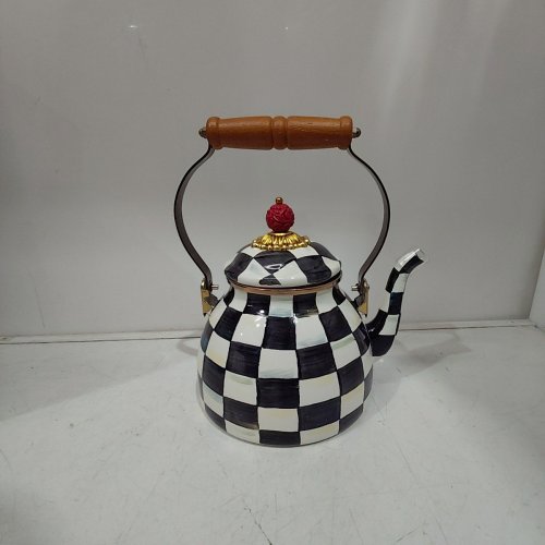 MACKENZIE CHILDS STYLISH HAND CRAFTED ENAMEL STOVETOP TEA KETTLE - 2QT - BLACK/WHITE COURTLY CHECK image 2