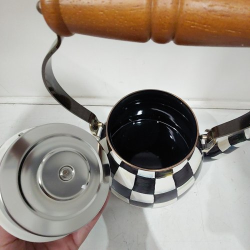 MACKENZIE CHILDS STYLISH HAND CRAFTED ENAMEL STOVETOP TEA KETTLE - 2QT - BLACK/WHITE COURTLY CHECK image 3