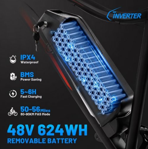 C INVERTER ARIES ELECTRIC BIKE WITH REMOVABLE BATTERY & LOCKABLE SUSPENSION - 800W, 32KM/H MAX, 27.5" wheels - BLACK/RED image 3