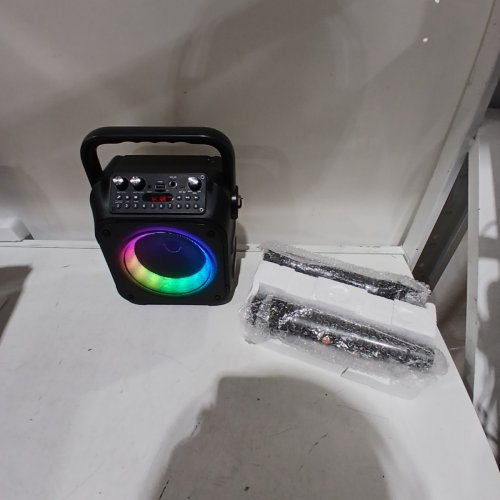 VERKB BLUETOOTH KARAOKE MACHINE/PORTABLE PA SYSTEM WITH TWO WIRELESS MICROPHONES & RGB LED LIGHTING - BLACK (MODEL: K9-M) image 3