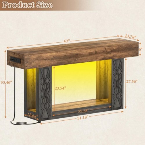 2-TIER FARMHOUSE SIDE TABLE WITH LED LIGHTS AND OUTLETS - 63" - DARK GREY/BROWN image 2