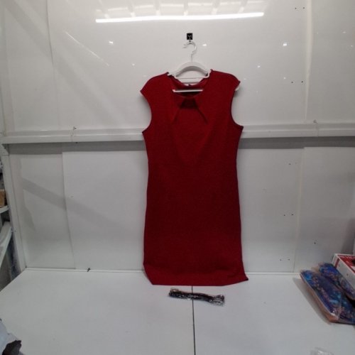 WOMEN'S ELEGANT ROUND NECK OFFICE DRESS WITH BELT - LARGE - RED image 2