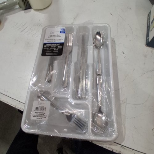 49PC MAINSTAYS STAINLESS STEEL SWIRL FLATWARE SET WITH ORGANIZER -SILVER/WHITE (MODEL:MS-S3-6233) image 2