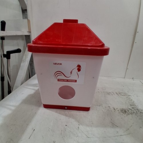 AUTOMATIC HANGING CHICKEN FEED DISPENSER WITH 3 FEEDING PORTS - 40LBS CAPACITY - RED/WHITE - (MODEL: 5GAL F) image 4
