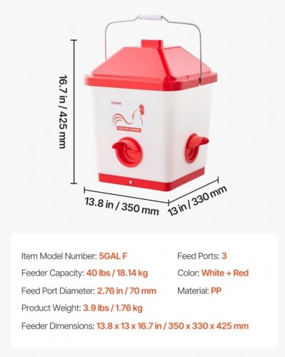 AUTOMATIC HANGING CHICKEN FEED DISPENSER WITH 3 FEEDING PORTS - 40LBS CAPACITY - RED/WHITE - (MODEL: 5GAL F) image 2