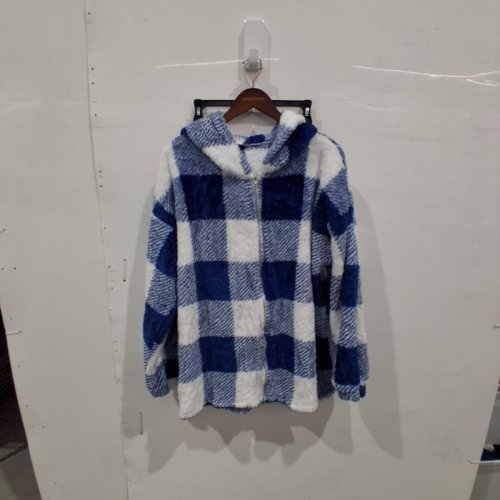 FUZZY PLAID ZIP-FRONT HOODED JACKET - LARGE - BLUE/WHITE image 2