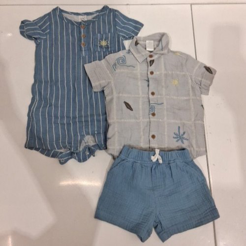 3PC CARTER'SCARTER'S CHILD OF MINE ONESIE, BUTTON-FRONT SHIRT AND SHORTS SET - 12M - BLUE / GRAY / NOTICAL image 2