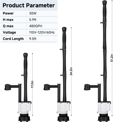 AQOA MULTIFUNCTIONAL AQUARIUM GRAVEL CLEANER - 5.9FT MAX HEAD, 480 GPH MAX FLOW - WHITE / BLACK (MODEL: AQ095) image 2