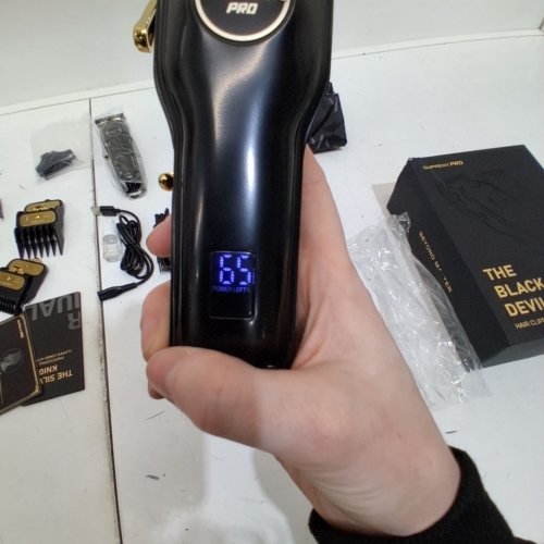 2PC SET SUPRENT THE BLACK DEVIL PROFESSIONAL HAIR CLIPPER KIT WITH ZERO GAP T-BLADE TRIMMER - CORDLESS WITH LED DISPLAY AND COMB GUIDES - BLACK - (MODEL: HC596BX). image 4