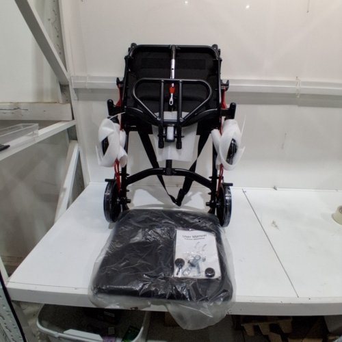 PORTABLE FOLDABLE TRANSPORT WHEELCHAIR WITH LOCKING HANDBRAKE AND FLIP ARMRESTS - 220 LBS CAP - 20" X 35.4" X 34.6" - BLACK / RED (MODEL: DH01411) image 2