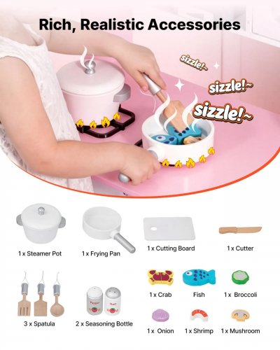 VEVOR KIDS KITCHEN PLAYSET WITH REAL LIGHTS AND SOUNDS AND COOKWARE ACCESSORIES - WHITE/PINK (MODEL: TZ-KT003) image 3