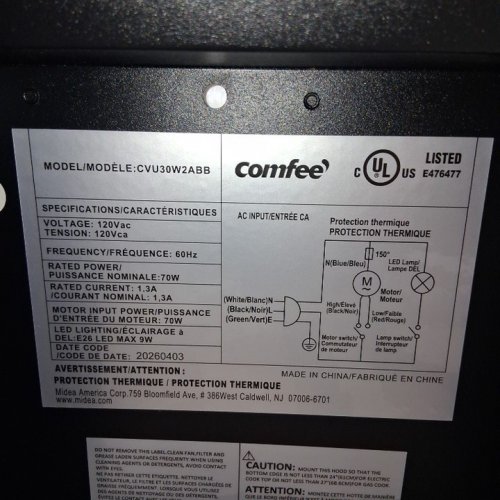 COMFEE SLIM DUCTLESS UNDER CABINET RANGE HOOD - 30" -BLACK (MODEL:CVU30W2ABB) image 4