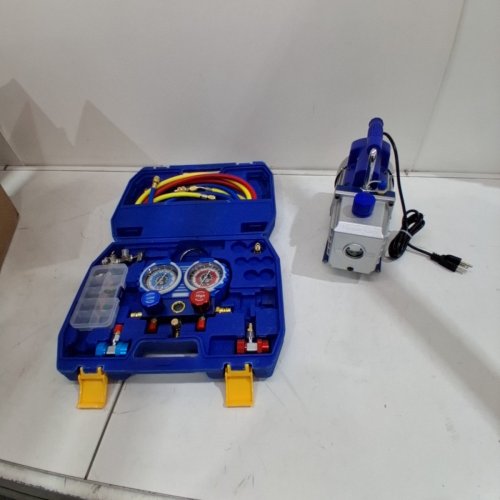 P BAUTOS SINGLE STAGE VACUUM PAMP AND 3-WAY MANIFOLD GUAGE SET R410A, R134A, R404A, R22 REFRIGERANTS - 4CFM - 1/3HP - SILVER/BLUE image 3