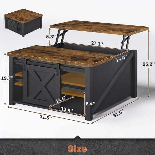 LIFT TOP COFFEE TABLE WITH HIDDEN STORAGE - 31.5" - BROWN/BLACK image 2