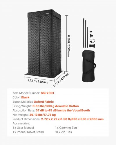 PORTABLE VOCAL BOOTH PRO-GRADE RECORDING STUDIO WITH TRAVEL BAG FOR ECHO-FREE VOCALS, PODCASTS, VOICEOVERS - 6.5FT - BLACK (MODEL:SSLY002) image 3