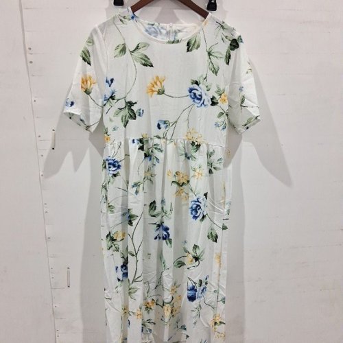 WOMEN'S FLORAL SHORT SLEEVE DRESS - MEDIUM - WHITE / BLUE / YELLOW image 2