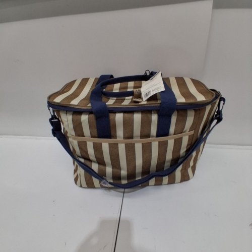 HEARTH & HAND WITH MAGNOLIA PORTABLE COOLER WITH SHOULDER STRAP - 16" X 8" X 12"; HOLDS UP TO 10 CANS - BROWN / CREAM STRIPE WITH NAVY image 3
