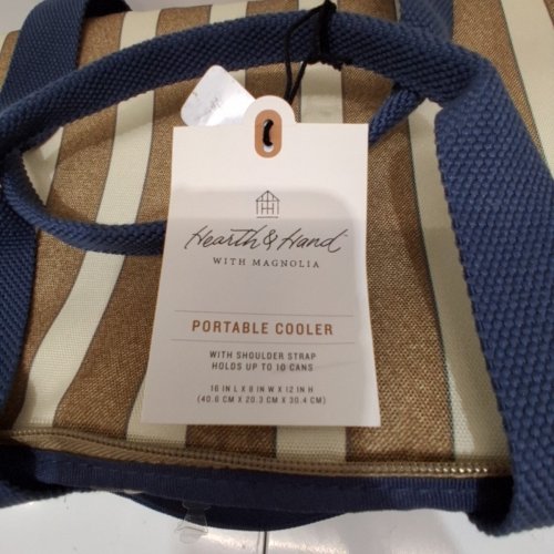 HEARTH & HAND WITH MAGNOLIA PORTABLE COOLER WITH SHOULDER STRAP - 16" X 8" X 12"; HOLDS UP TO 10 CANS - BROWN / CREAM STRIPE WITH NAVY image 4