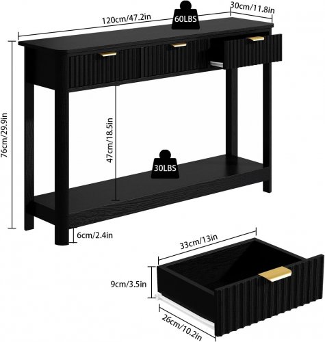 RUSTOWN FARMHOUSE WOOD CONSOLE TABLE WITH 3 DRAWERS - 47" X 30" - BLACK (MODEL: PDWZ8083NU) image 3